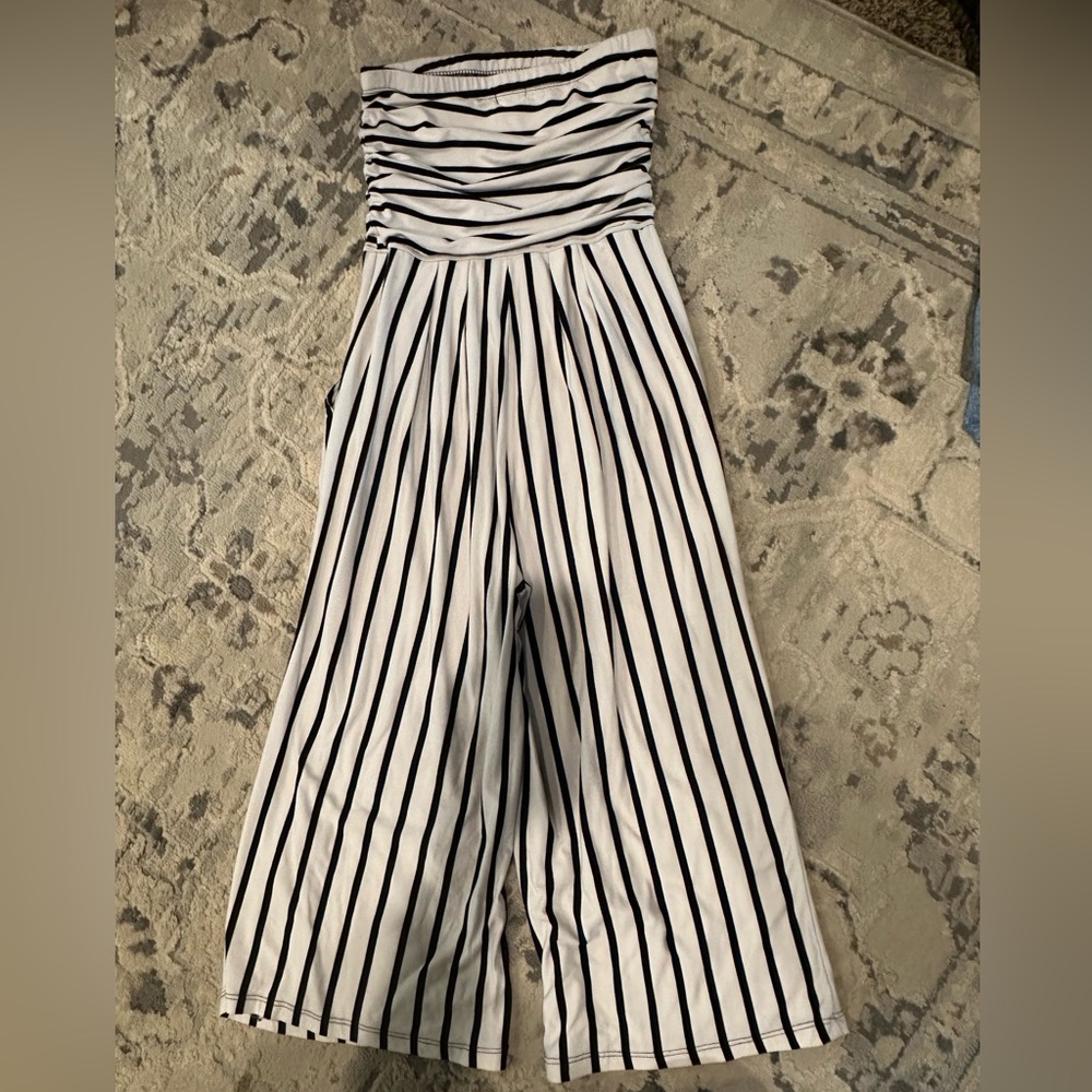 Striped Black and White Strapless Jumpsuit - Picture 9 of 9